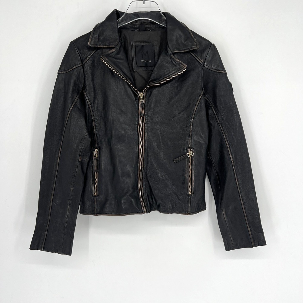 Mauritius Leather Jacket Womens L 9/10‎ Moto Biker Grunge Fitted Black